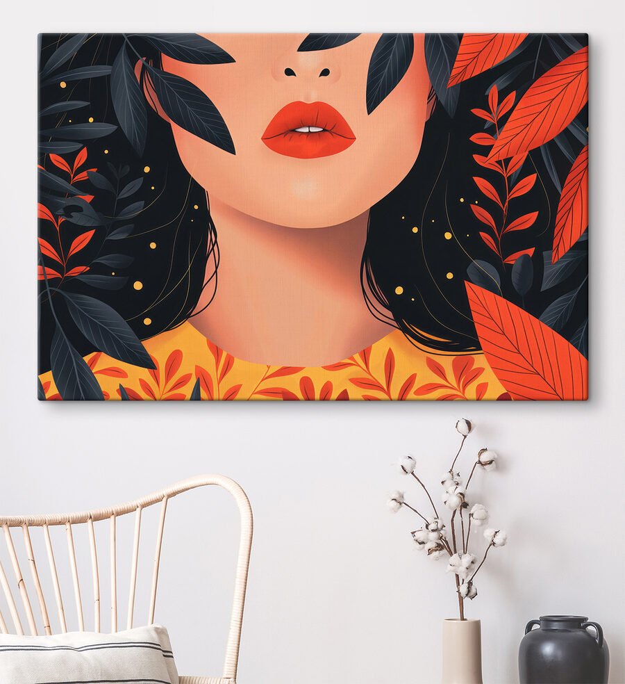 Femme aux lèvres rouges et aux feuilles noires