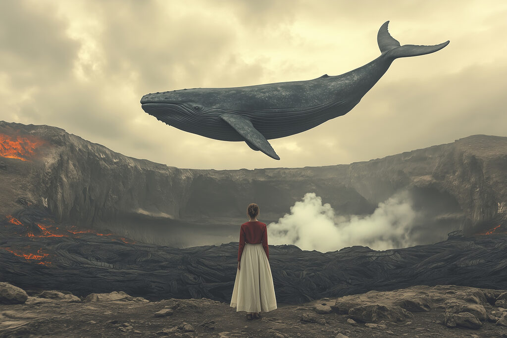 Woman looking at a whale flying over a volcano