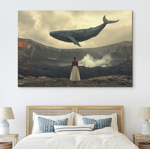 Woman looking at a whale flying over a volcano Woman looking at a whale flying over a volcano