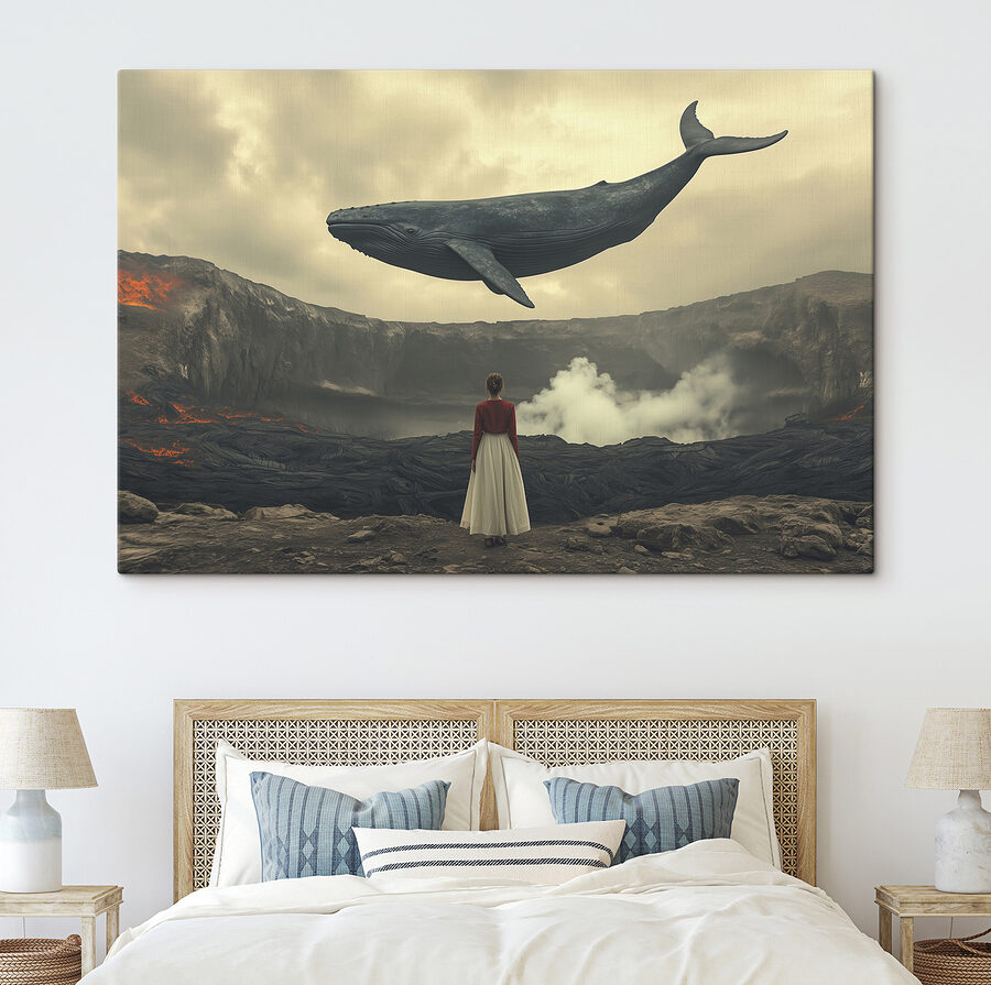 Woman looking at a whale flying over a volcano Woman looking at a whale flying over a volcano