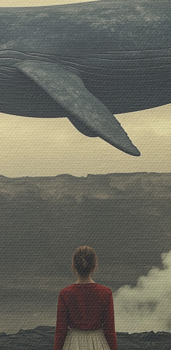 Woman looking at a whale flying over a volcano Woman looking at a whale flying over a volcano