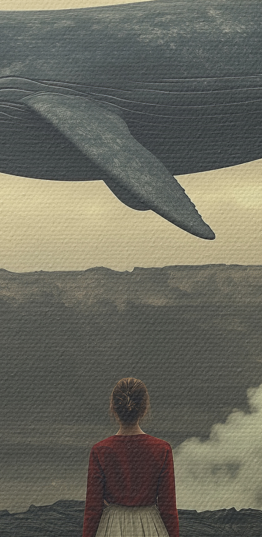 Woman looking at a whale flying over a volcano Woman looking at a whale flying over a volcano