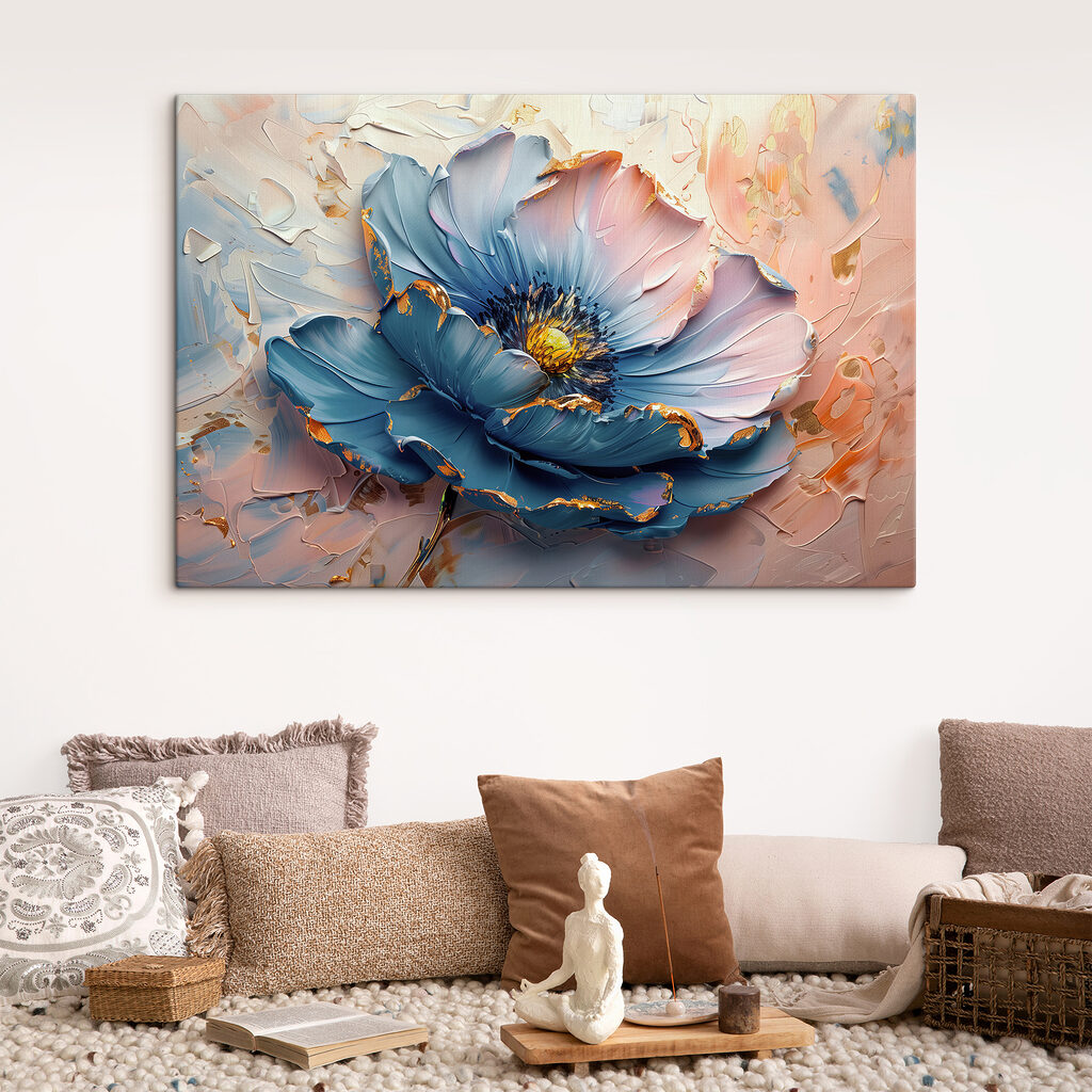 Blue petals adorn the canvas
