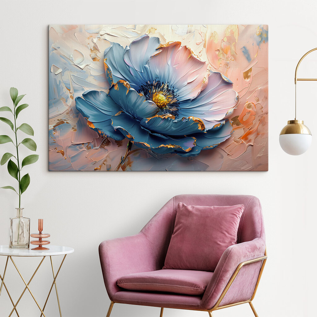 Blue petals adorn the canvas