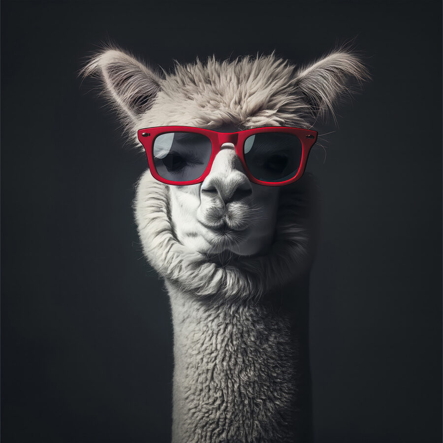 Lama portant des lunettes de soleil rouges