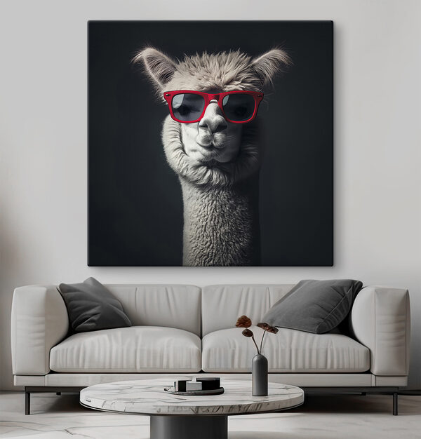 Lama portant des lunettes de soleil rouges Lama portant des lunettes de soleil rouges