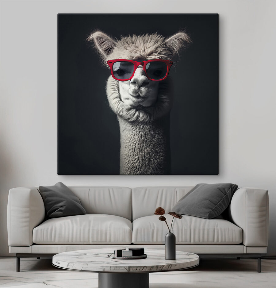 Lama portant des lunettes de soleil rouges