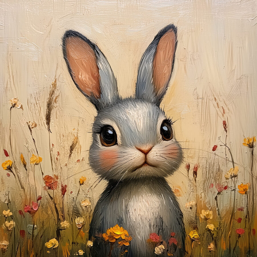 Peinture d'un lapin dans un champ de fleurs