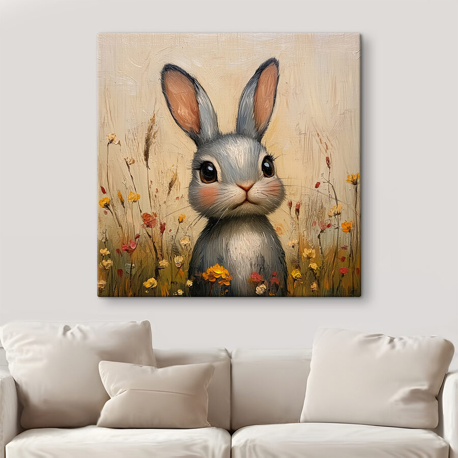 Peinture d'un lapin dans un champ de fleurs