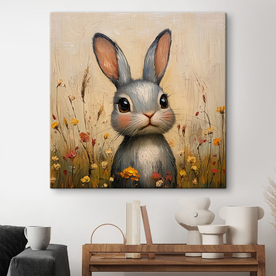 Peinture d'un lapin dans un champ de fleurs