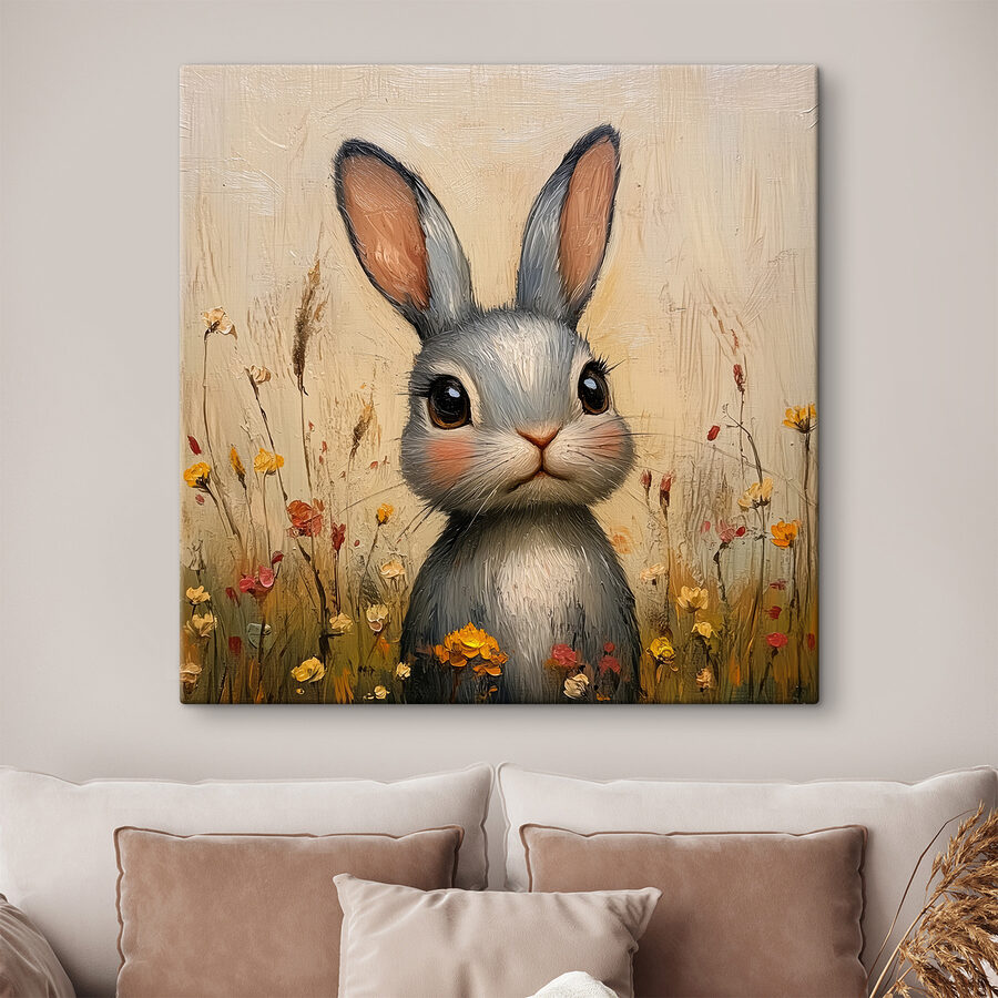 Peinture d'un lapin dans un champ de fleurs