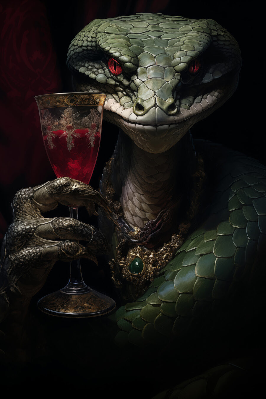 Lézard tenant un verre de vin