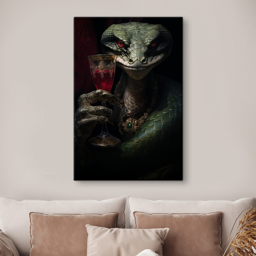 Lézard tenant un verre de vin