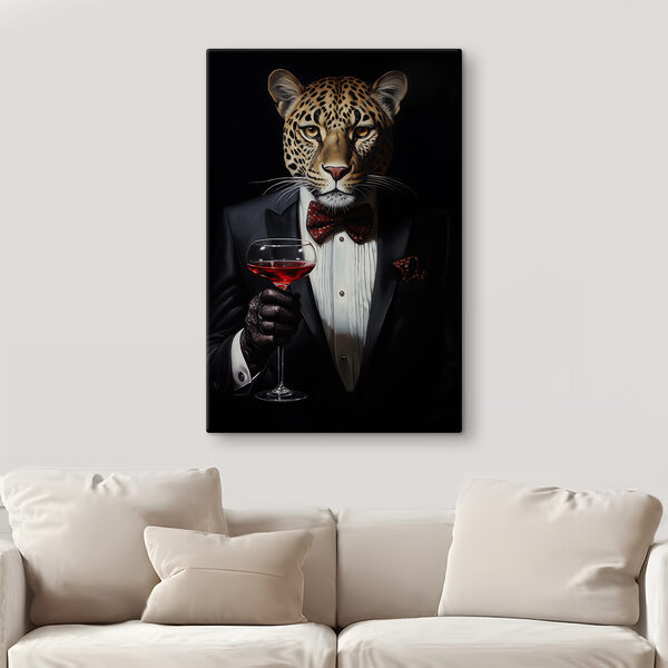 Léopard en costume et nœud papillon tenant un verre de vin Tableaux Léopard en costume et nœud papillon tenant un verre de vin