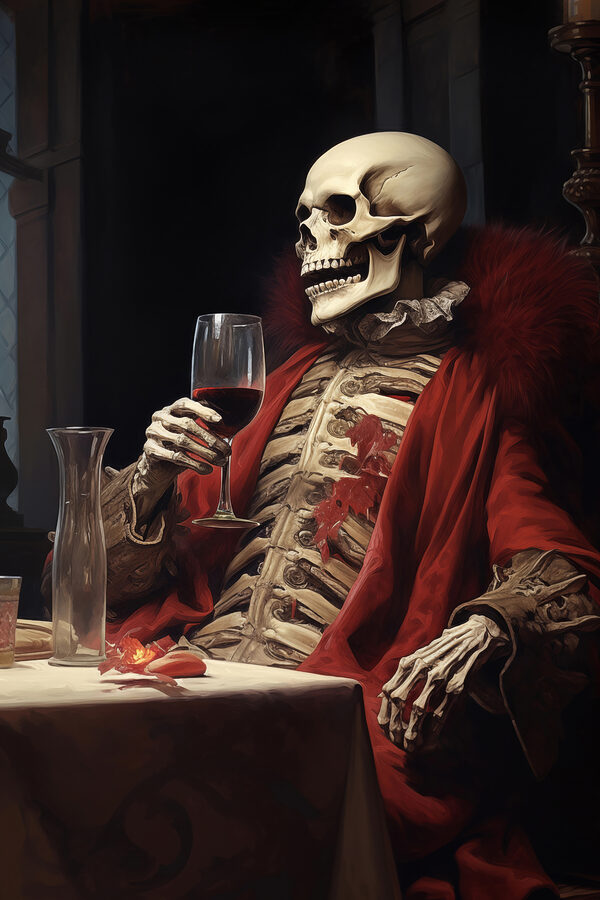 Squelette tenant un verre de vin Squelette tenant un verre de vin