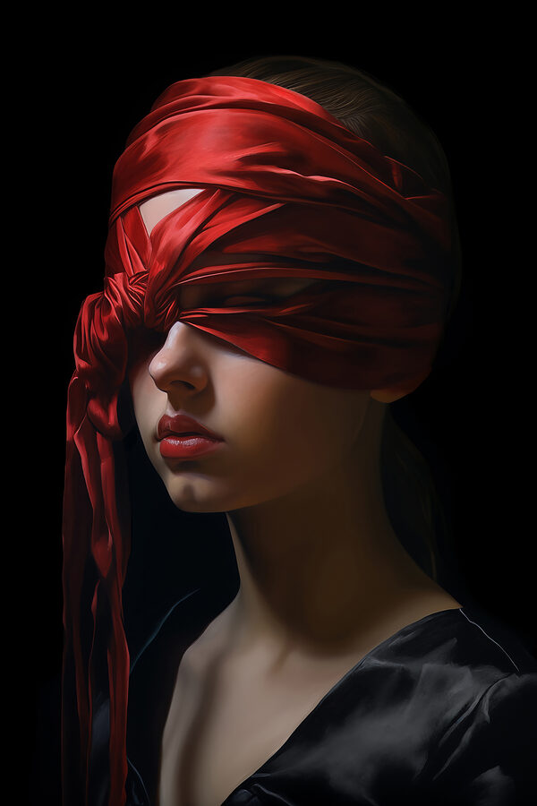 Femme avec un foulard rouge sur les yeux Femme avec un foulard rouge sur les yeux