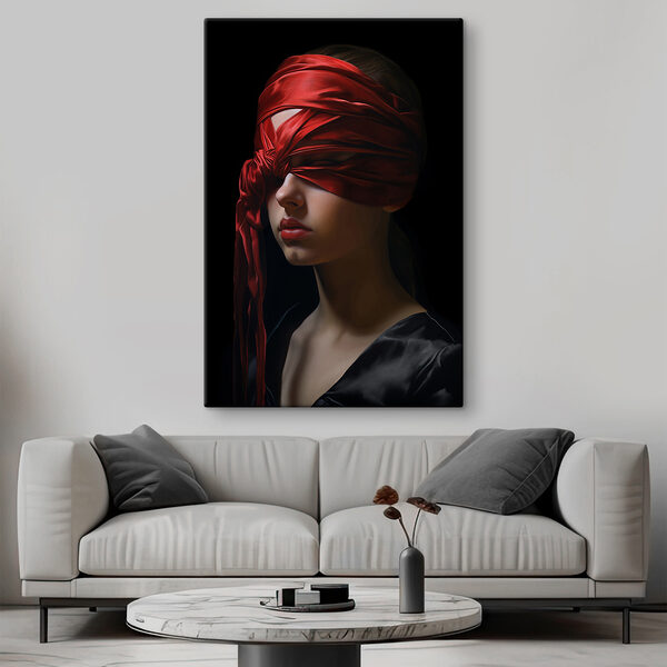 Femme avec un foulard rouge sur les yeux Femme avec un foulard rouge sur les yeux