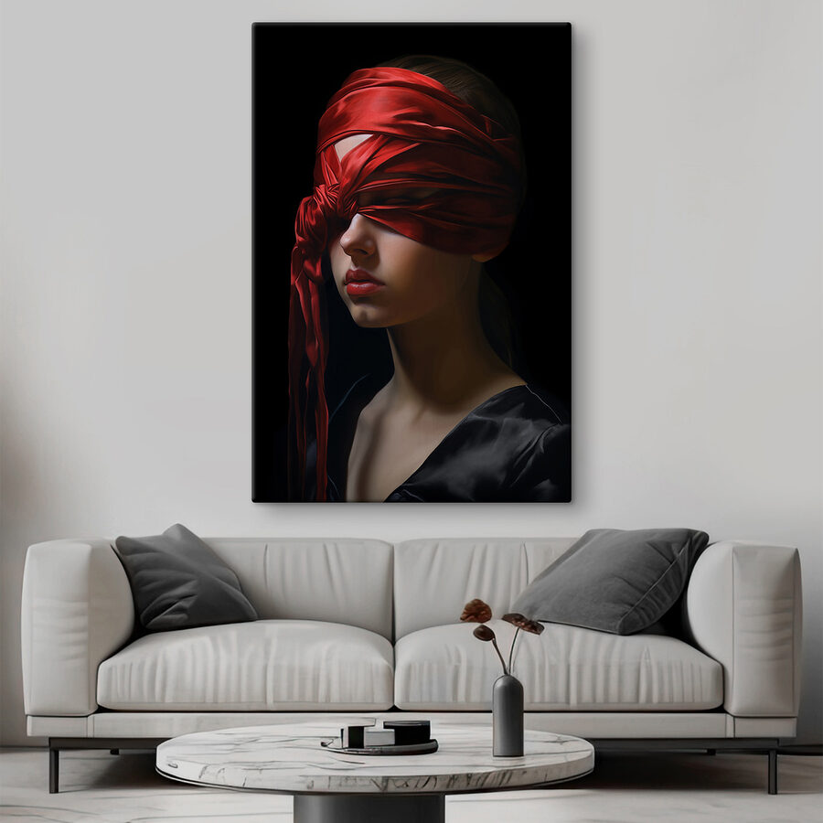 Femme avec un foulard rouge sur les yeux