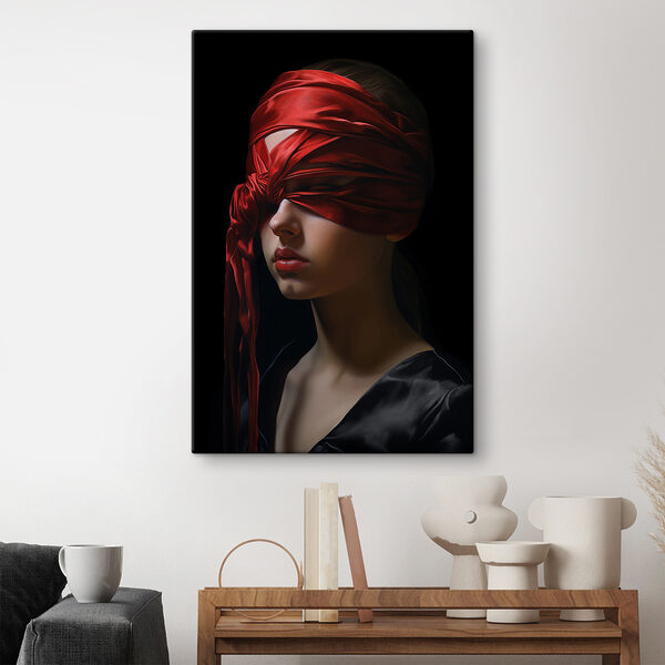Femme avec un foulard rouge sur les yeux Femme avec un foulard rouge sur les yeux