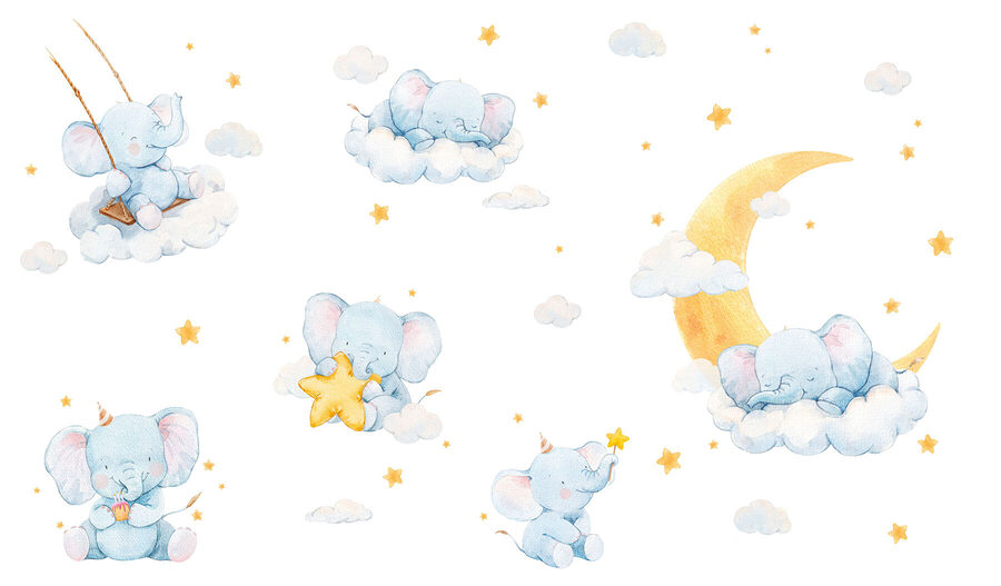 Groupe d'éléphants dans les nuages et les étoiles Groupe d'éléphants dans les nuages et les étoiles