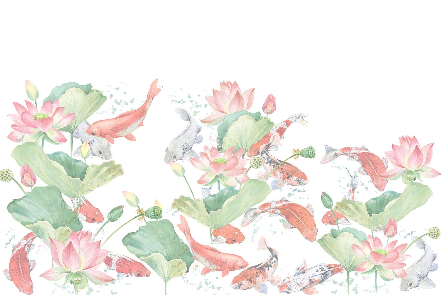 Watercolor painting of fish and flowers