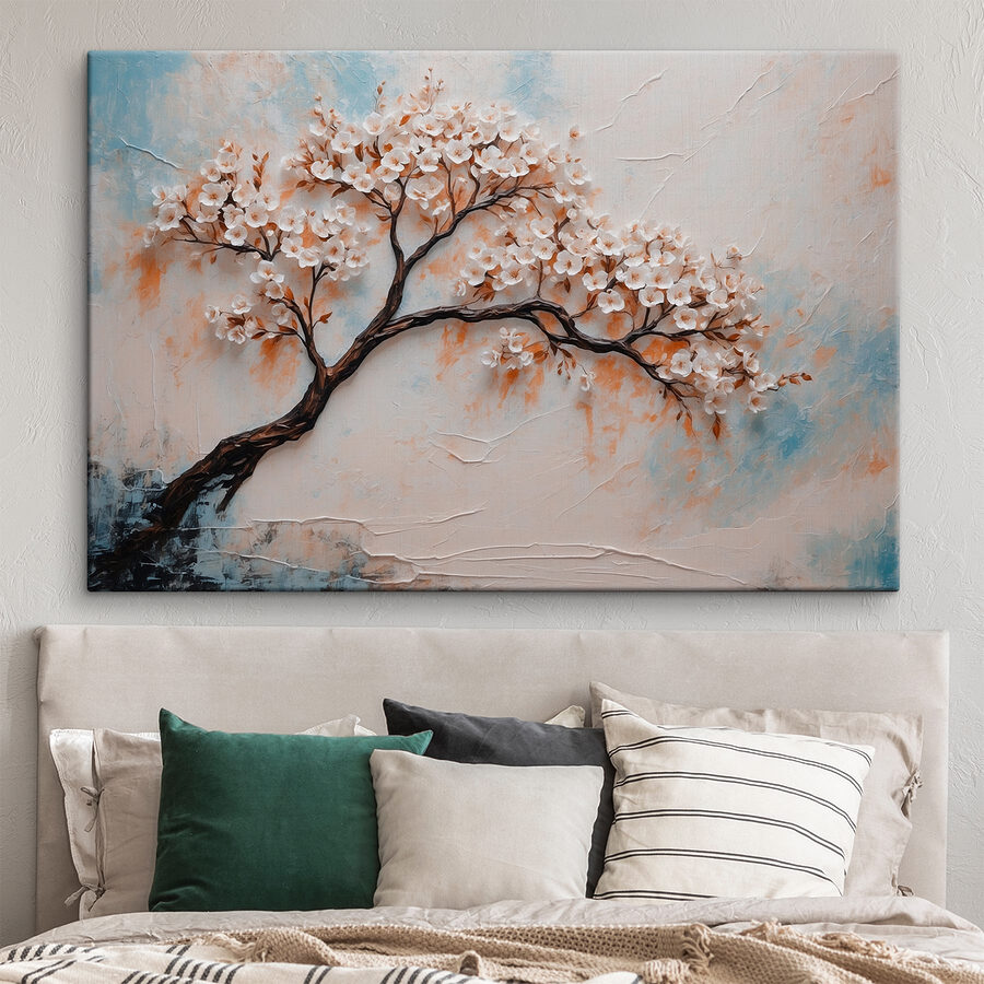 Peinture d'un arbre avec des fleurs blanches