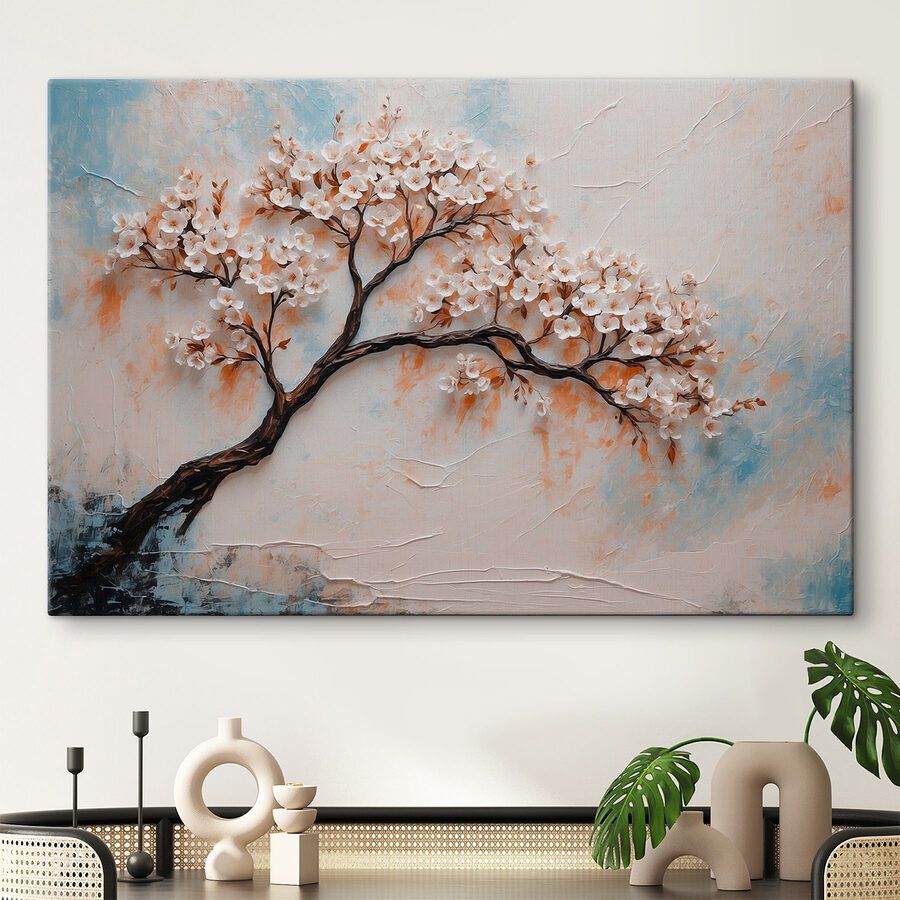 Peinture d'un arbre avec des fleurs blanches