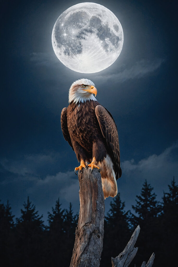 Bald eagle on a post with a full moon in the background