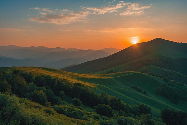 Coucher de soleil sur une colline verdoyante Coucher de soleil sur une colline verdoyante