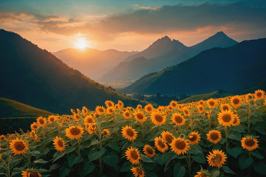 Champ de tournesols en montagne