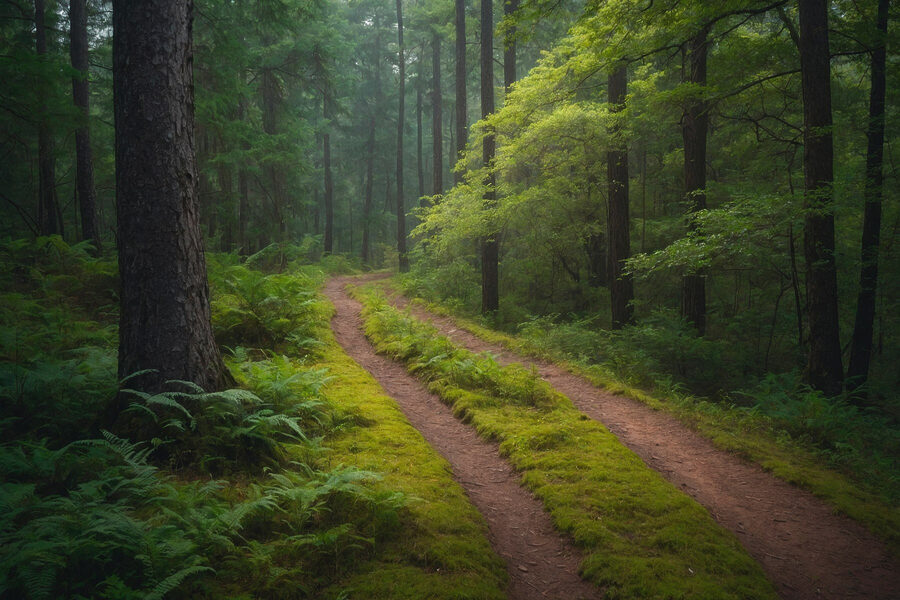Chemin de terre à travers une forêt