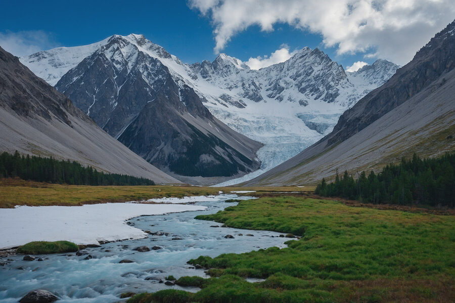 Rivière traversant une vallée avec des montagnes enneigées Rivière traversant une vallée avec des montagnes enneigées