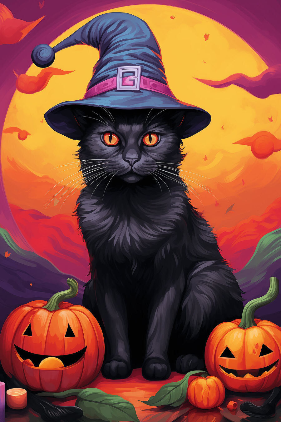Chat noir portant un chapeau et des citrouilles