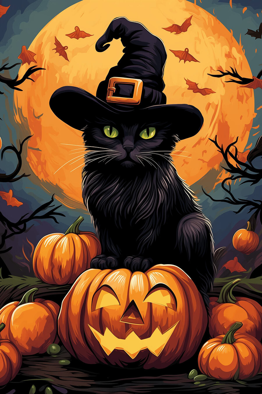 Chat portant un chapeau et assis sur une citrouille