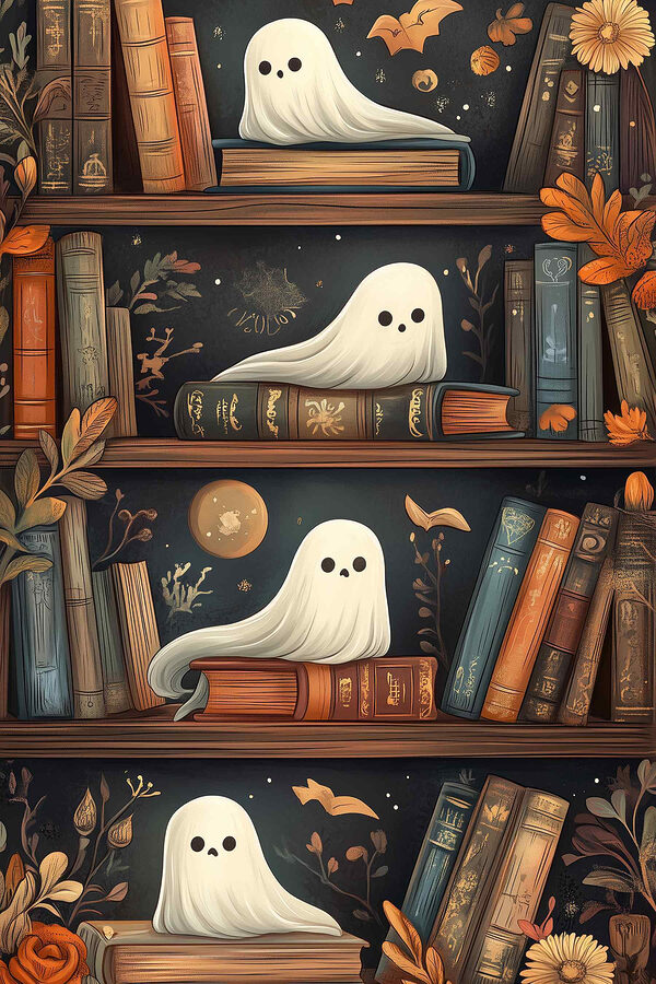 Bibliothèque pleine de livres avec des fantômes Bibliothèque pleine de livres avec des fantômes