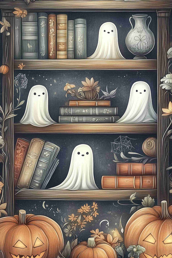 Bibliothèque avec fantômes et livres Bibliothèque avec fantômes et livres