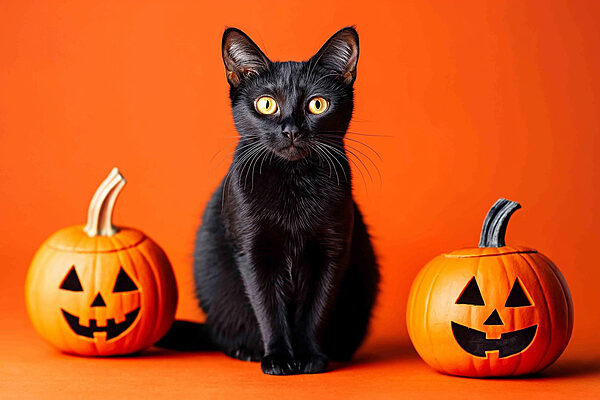 Chat noir assis à côté de deux citrouilles Chat noir assis à côté de deux citrouilles