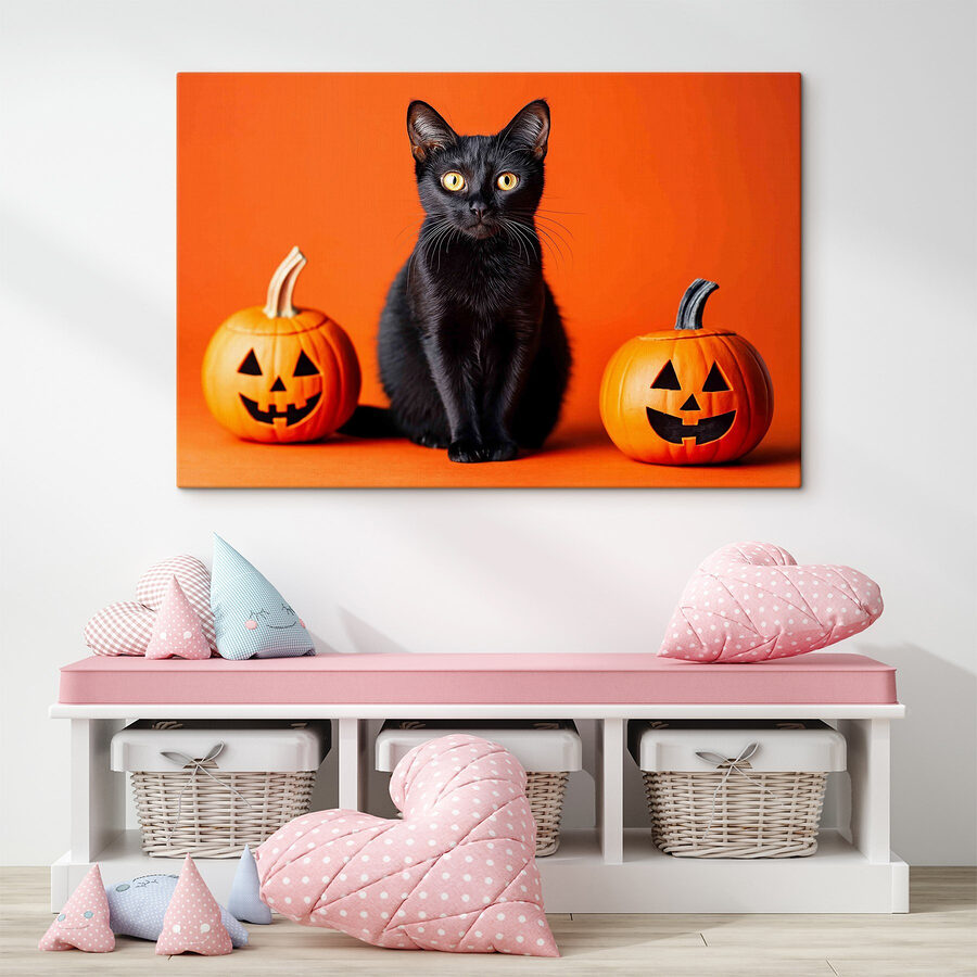 Chat noir assis à côté de deux citrouilles