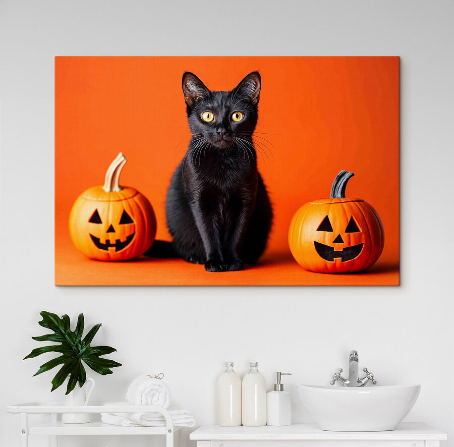 Chat noir assis à côté de deux citrouilles