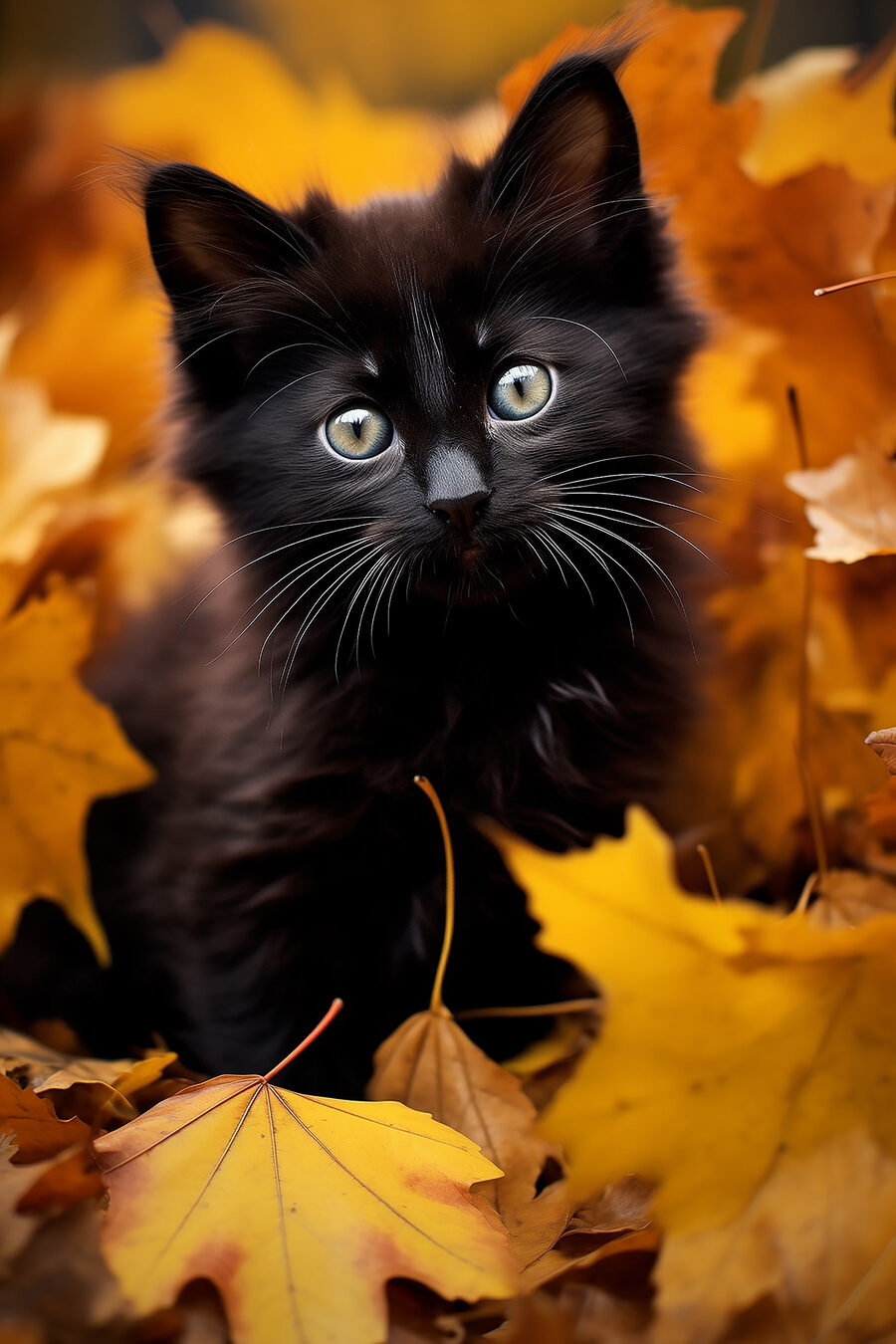 Chaton noir dans un tas de feuilles