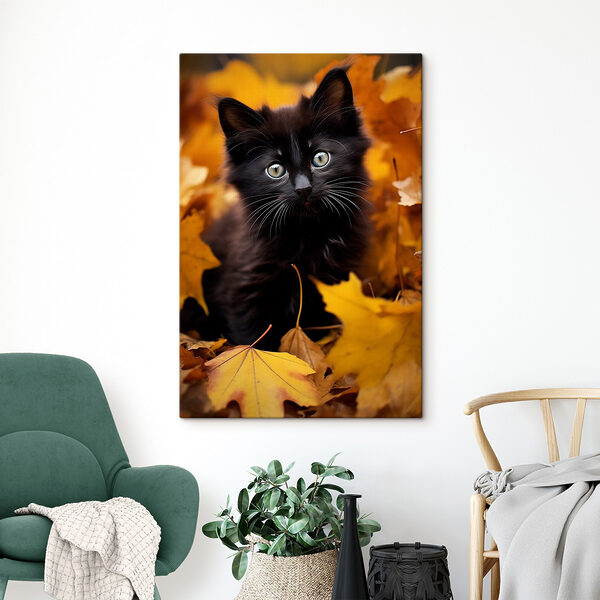 Chaton noir dans un tas de feuilles Chaton noir dans un tas de feuilles