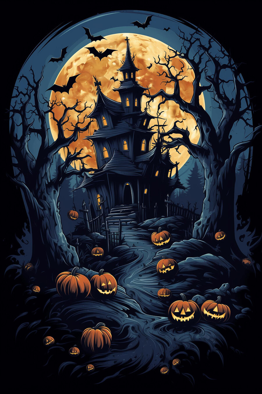 Maison hantée avec citrouilles et pleine lune