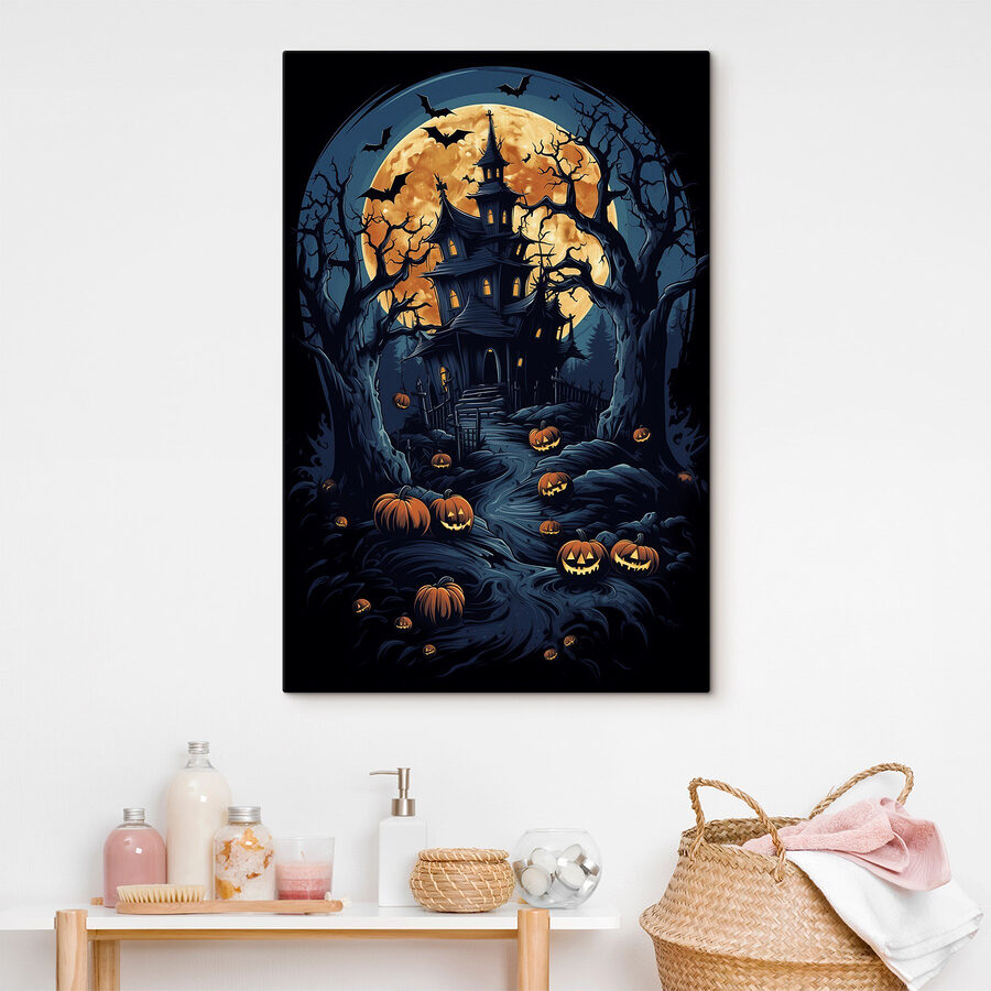 Maison hantée avec citrouilles et pleine lune