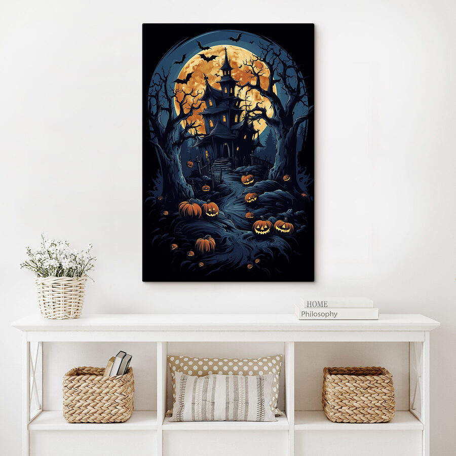 Maison hantée avec citrouilles et pleine lune