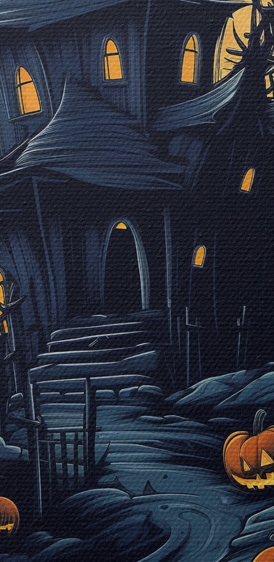 Maison hantée avec citrouilles et pleine lune