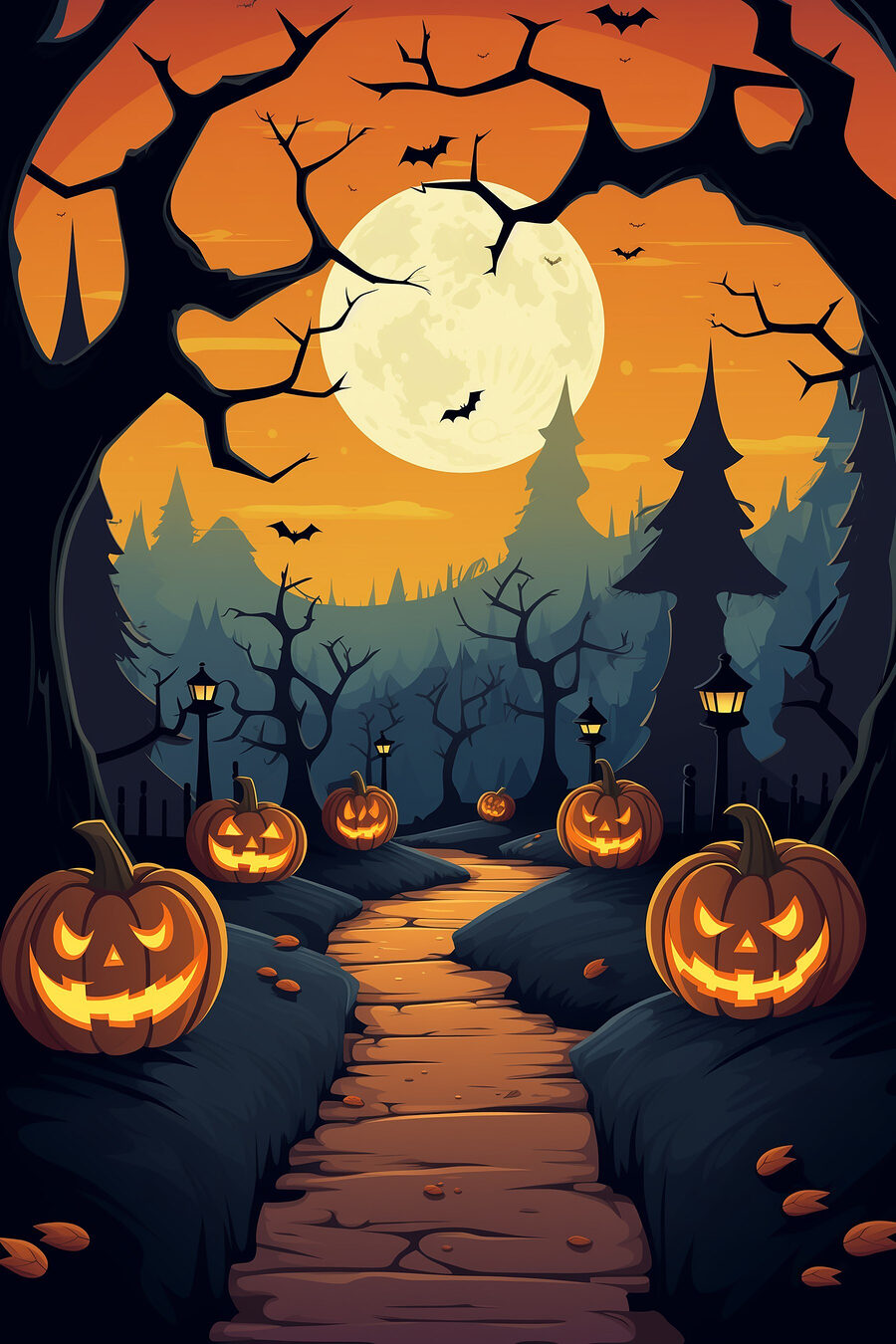 Dessin humoristique d'un chemin avec des citrouilles et des arbres