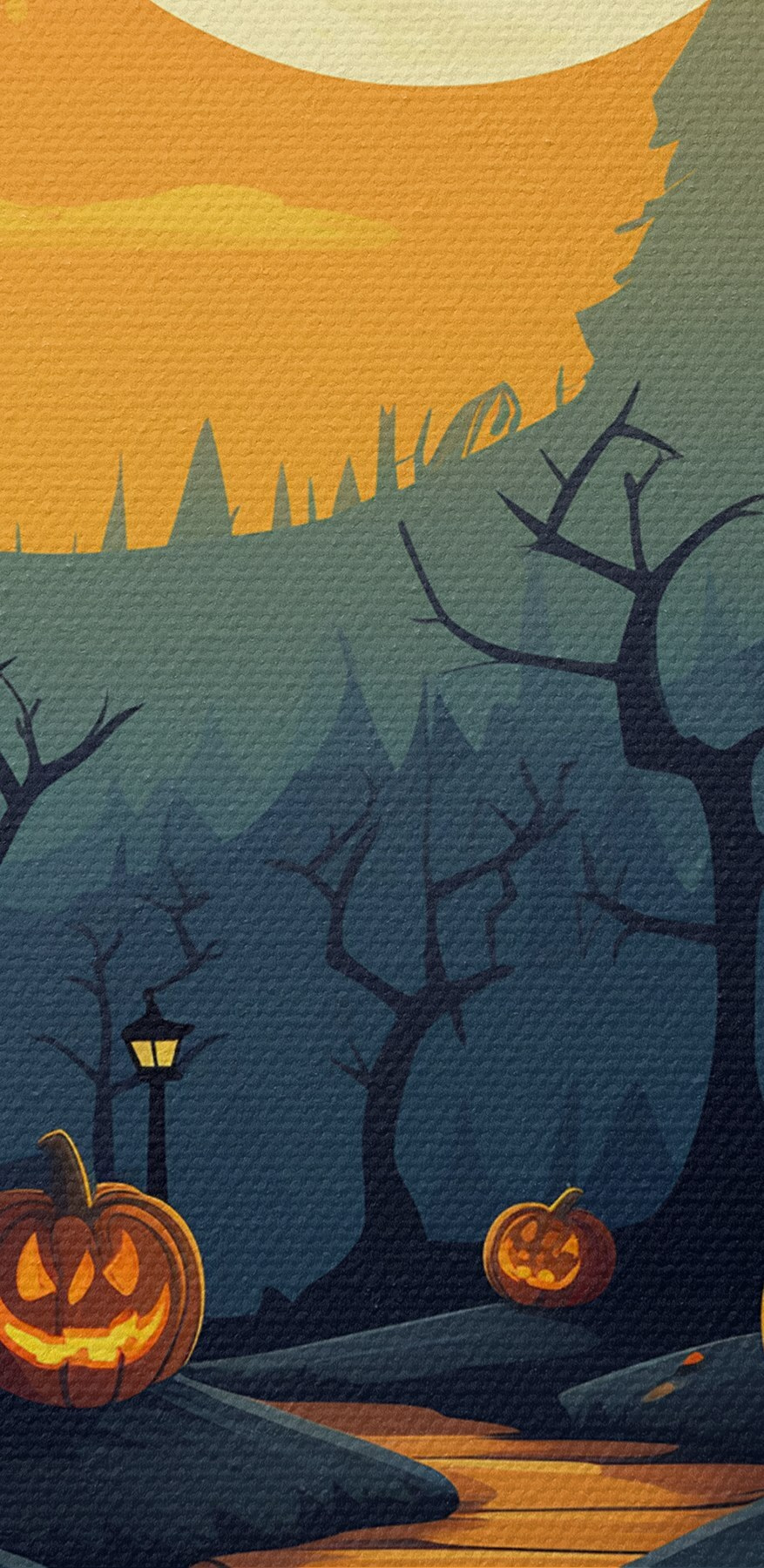 Dessin humoristique d'un chemin avec des citrouilles et des arbres