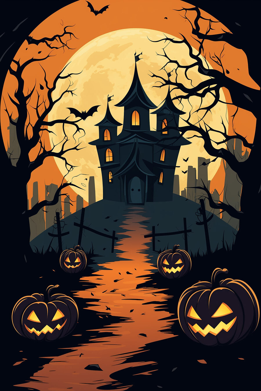 Dessin animé d'une maison avec des citrouilles et des arbres