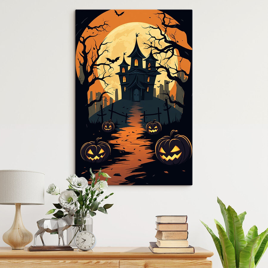 Dessin animé d'une maison avec des citrouilles et des arbres