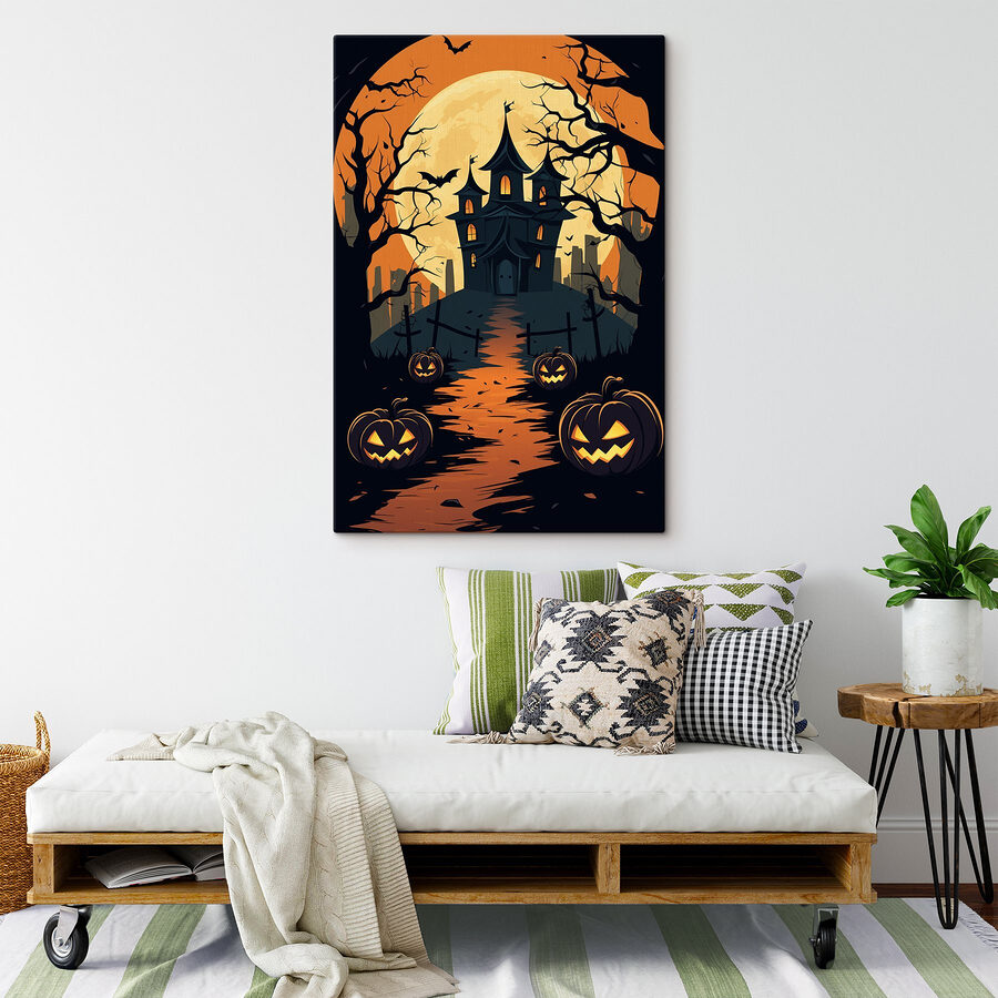 Dessin animé d'une maison avec des citrouilles et des arbres